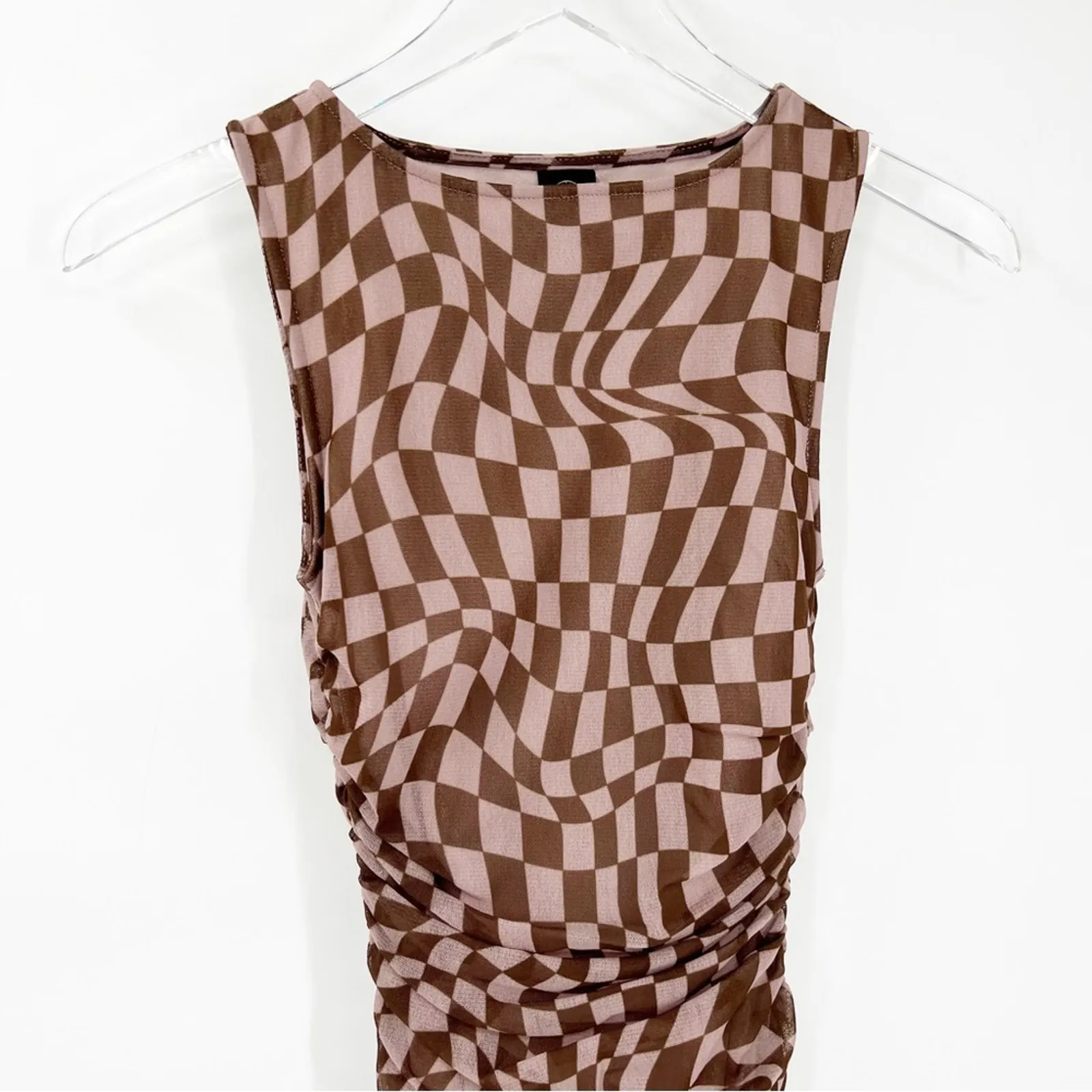 NEW Urban Outfitters Austin Wavy‎ Checkerboard Mesh Bodycon Mini Dress XS Brown - Image 4