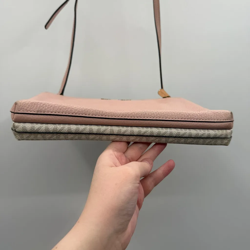 Michael Kors Trisha Medium Pebbled Leather Pink Cream Logo Print‎ Crossbody Bag - Image 6