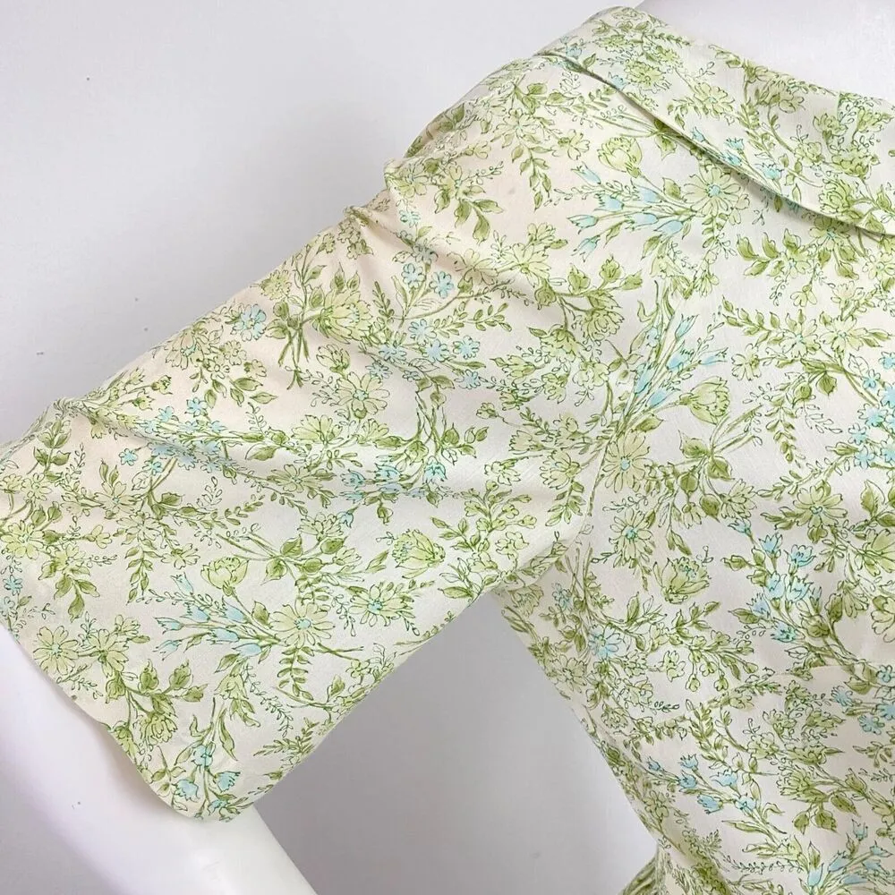 Vtg Green Floral Belted Dress Peter Pan Collar One Size Elbow Sleeve Farmcore - Image 7