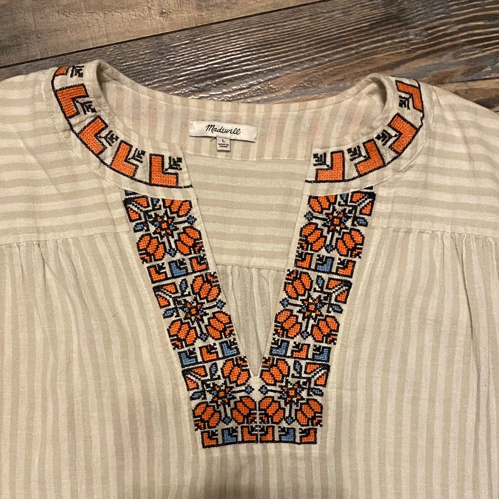 Madewell Beige Striped Embroidered Top with Orange and Blue Embroidery - Image 2
