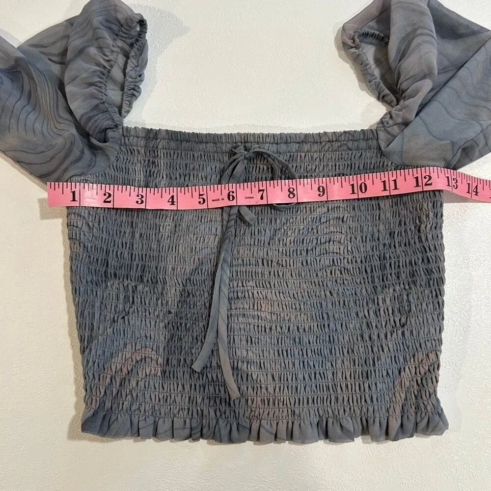 Wilfred Aritzia Sheer Gray Smocked Puff Sleeve Crop Top Size S Romantic Eveningw - Image 4