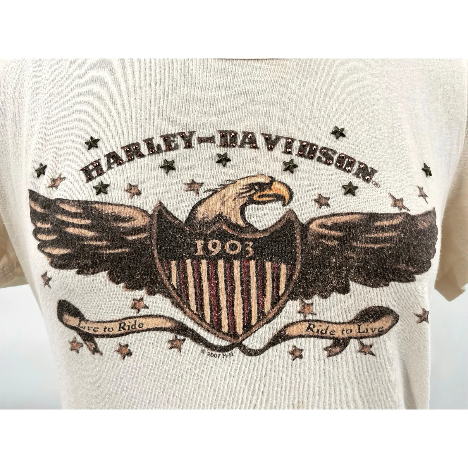 Harley Davidson Y2K Classic Eagle Tee Visalia California 2007 Cream Stars Size L Brown Size L - Image 3