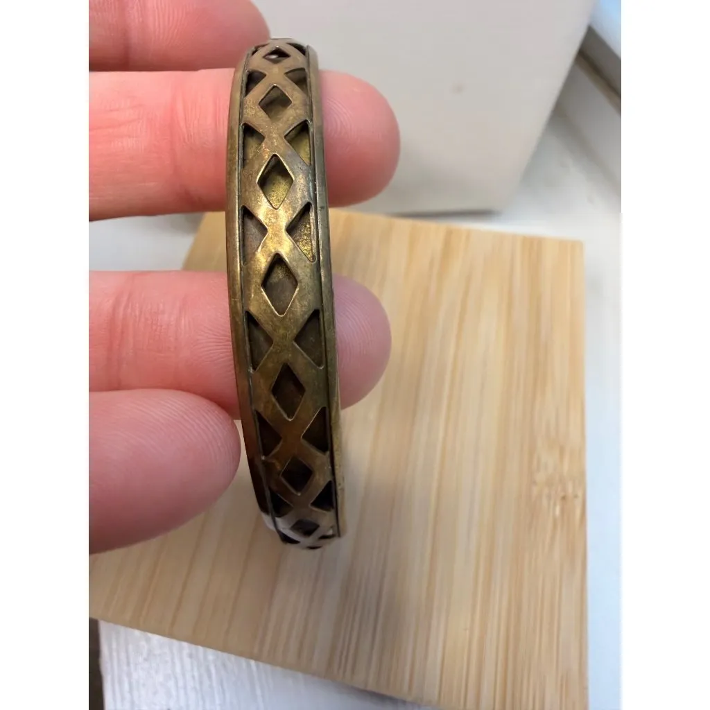 Vintage Brass Bangle & Black Cord Necklace With Textured Pendant And Wooden Bead - Image 8