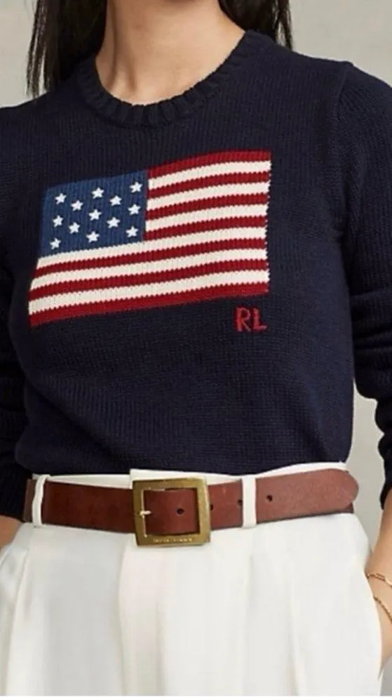 NWT Polo Ralph Lauren Women’s Iconic Flag Sweater Size Medium Navy Pullover Blue - Image 2