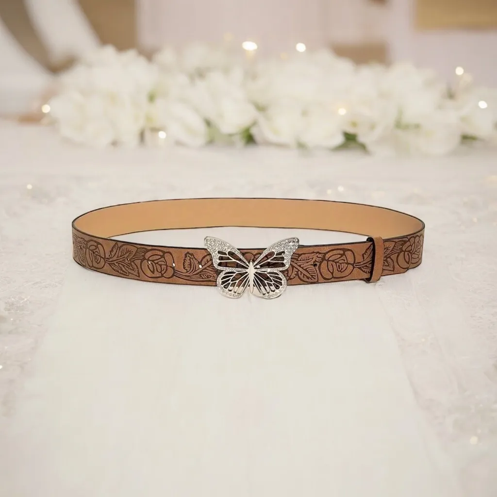 Butterfly Buckle Vintage Style Embossed Brown Waistband Western‎ Jeans Belt - Image 7