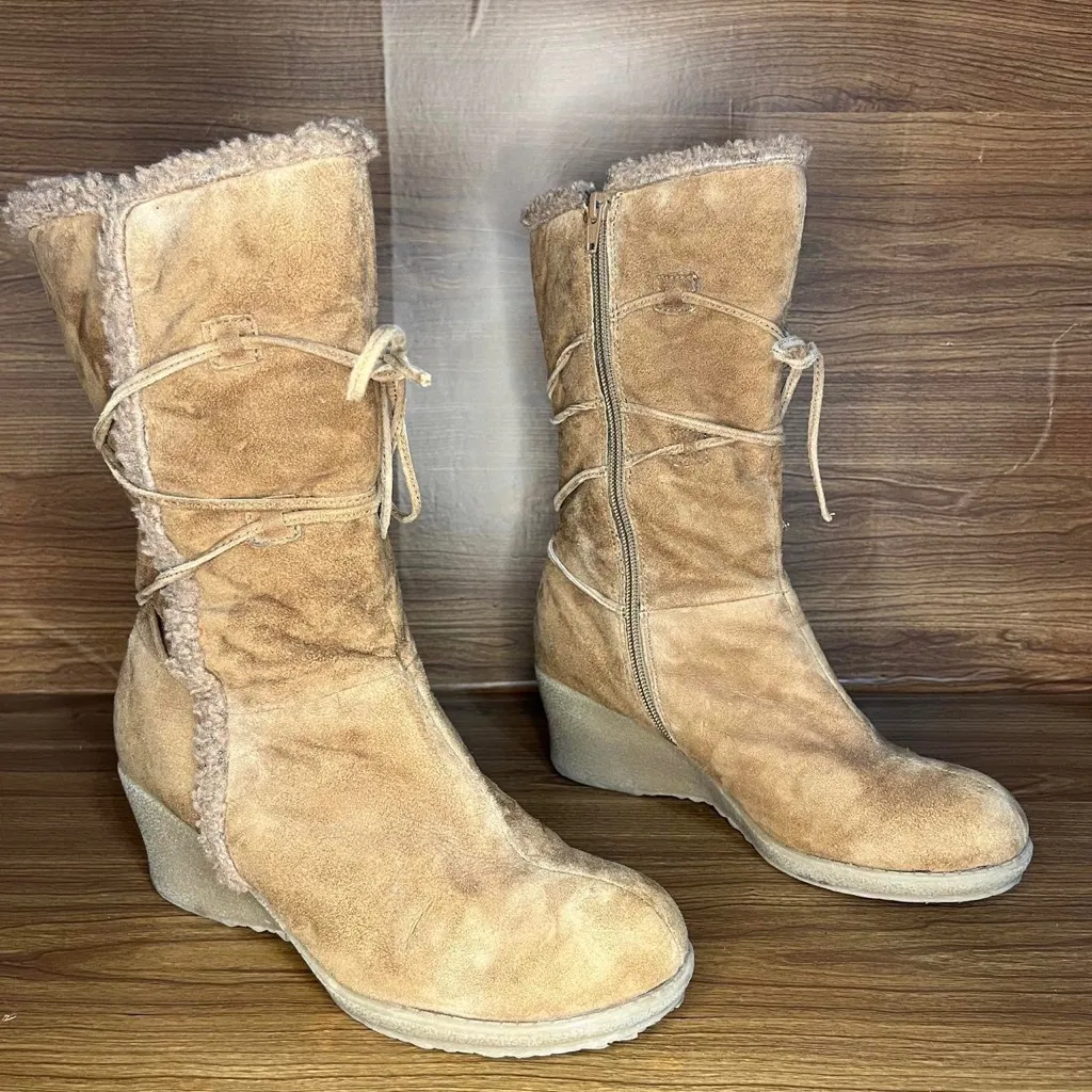 Y2k tan leather tall winter boots fleece lined wedge zip up fur trim 9 - Image 3