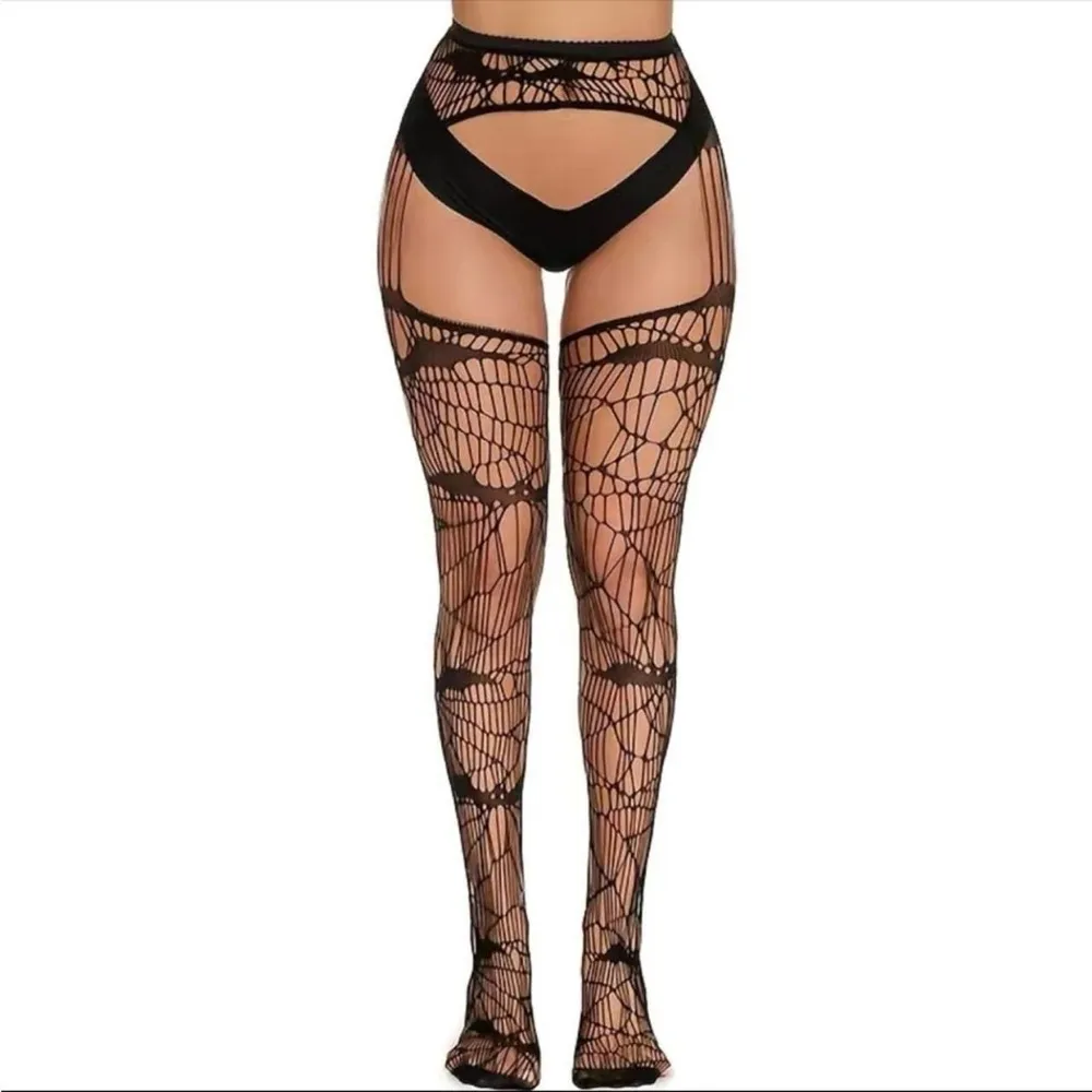 Black Bat Fishnet Suspender Tights Hollow Out High Waist Mesh Pantyhose One Size - Image 12