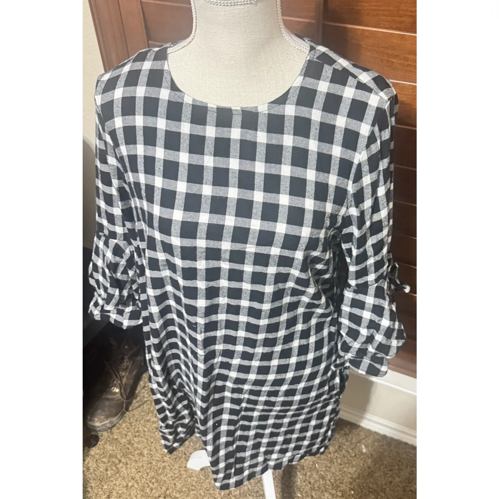 Beach Lunch Lounge Checkered Shift Dress Black White sz M bell sleeves academia Size M - Image 3