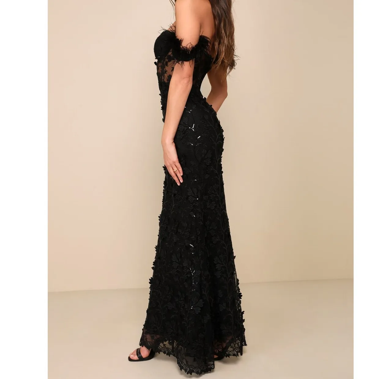Lulus NWT Midnight Sparkle Black Embroidered Feather Bustier Maxi Dress XS - Image 2