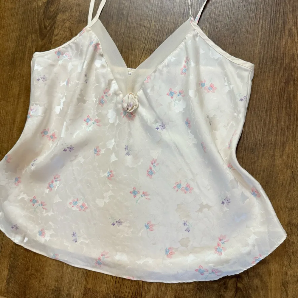 Valerie Stevens Vtg  Pure Silk Cami Tank Top Sz Large White Floral Babydoll - Image 5