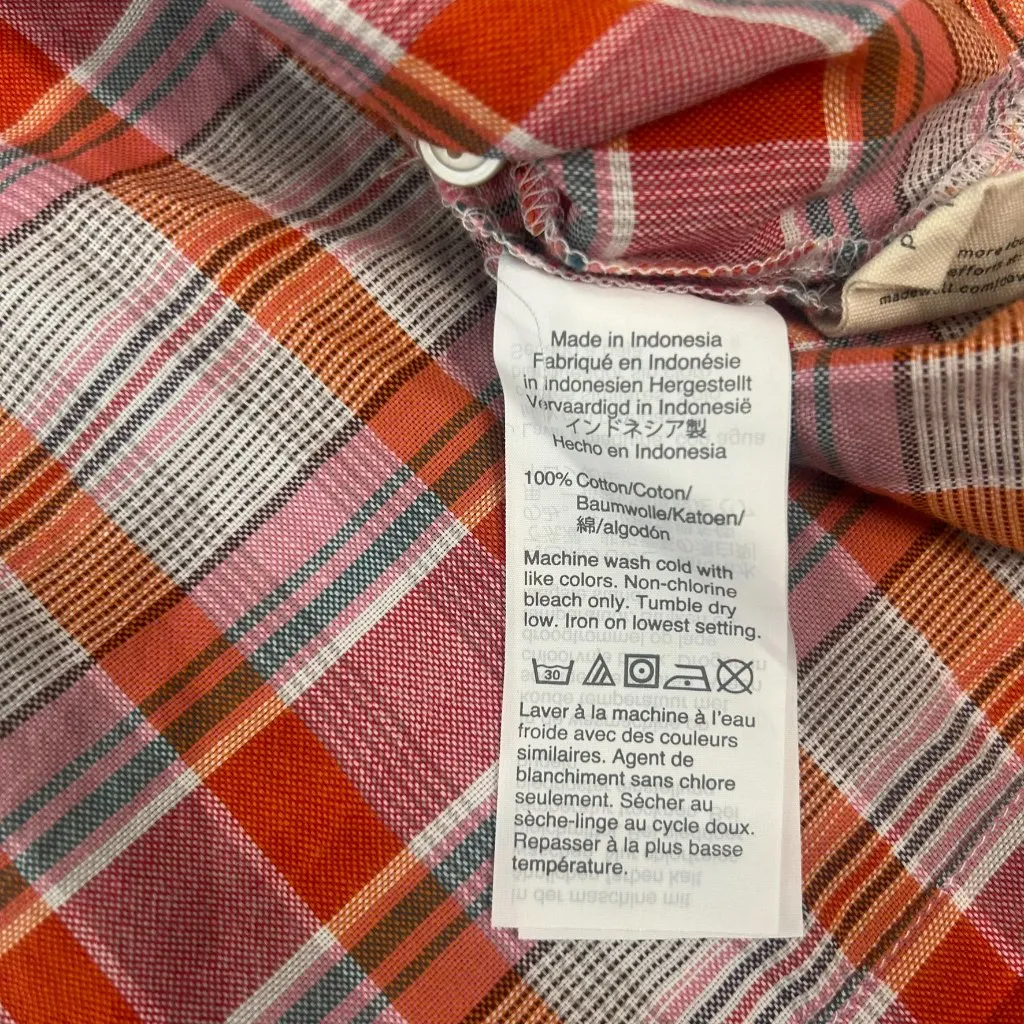 Madewell Orange Pink Plaid Shirred Neck Boxy Top Short Sleeve R17 - Image 4