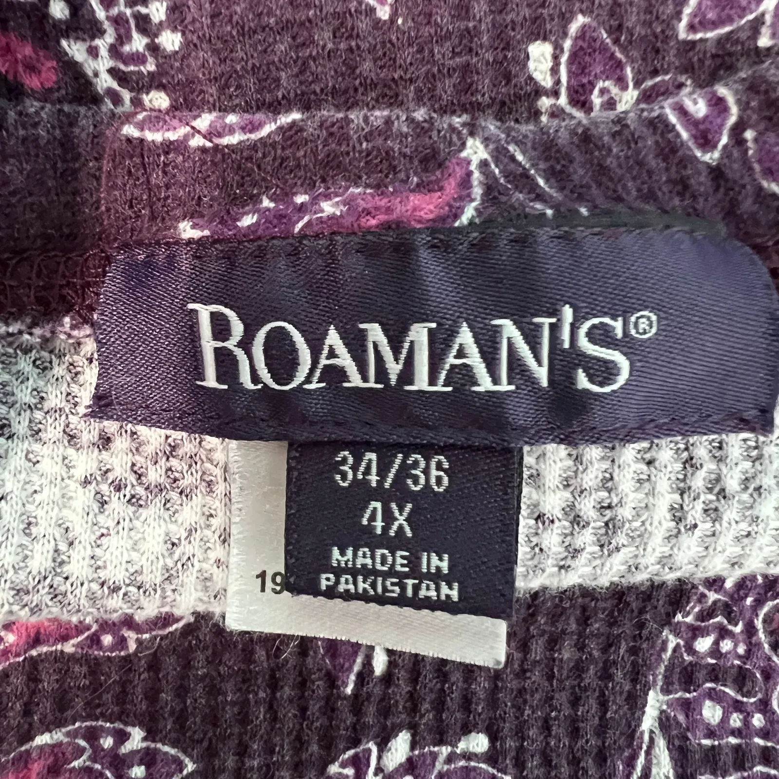 Roaman's Floral Thermal Top/Sweater Womens 4X Waffle Knit Cotton Relaxed Casual Purple - Image 2