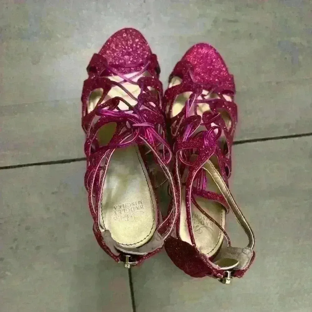 Belle by Badgley Mischka Pink Fuschia Sparkly Glitter Strappy High Heels Size 10 - Image 4