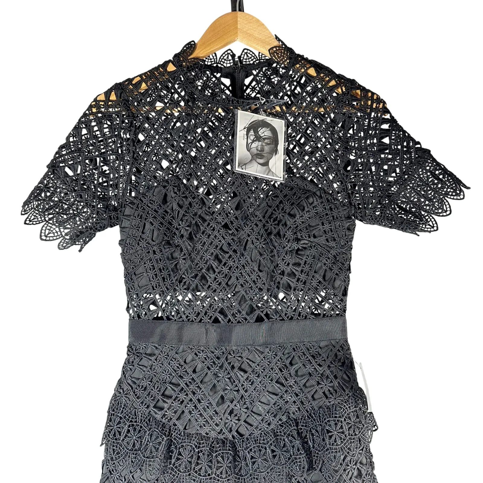 SELF-PORTRAIT Black Abstract Triangle Lace Midi Dress Size US 2 - Image 6