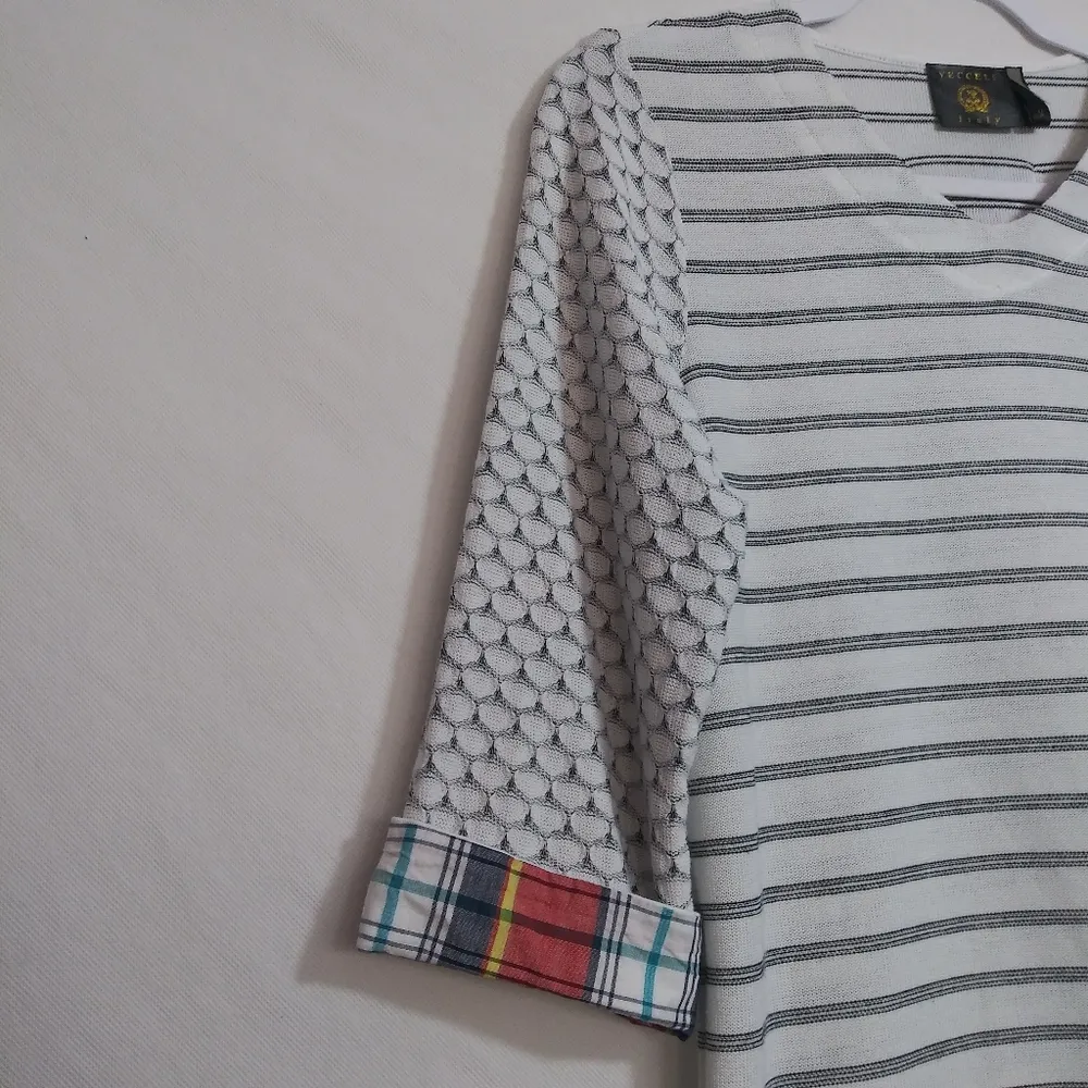 Vecceli Italy Knit Pull Over Mixed Print Top Artsy Size M White Size M - Image 5