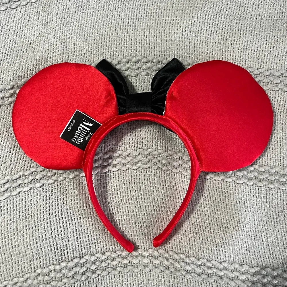 Disney Minnie Mouse Ears Red Polka Dots Sequin Black Bow Headband - Image 3