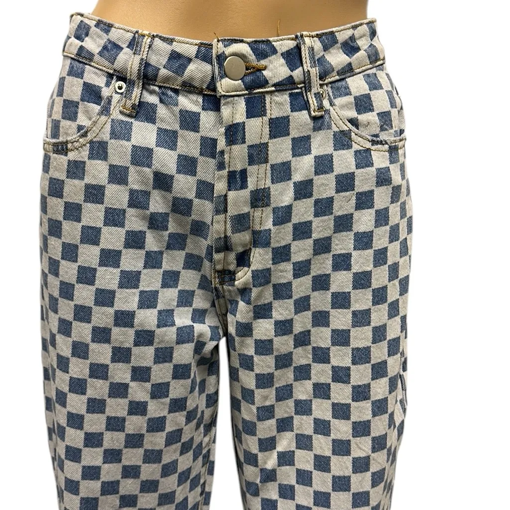 Tiger Mist Wide Leg High Waist Blue White Checkered 4 Pocket Denim Jeans Small - Image 3
