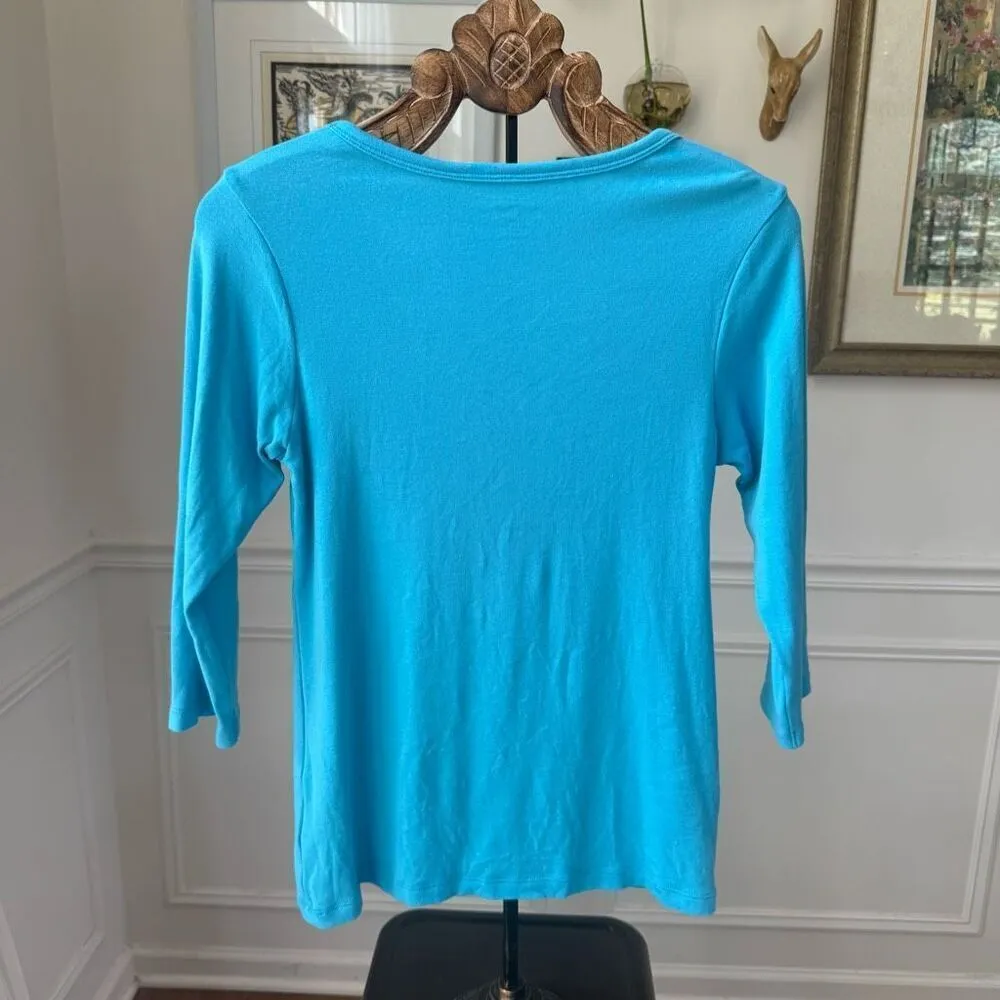 Orvis Vneck 3/4 Length Sleeve Turquoise Blue Tshirt L - Image 5