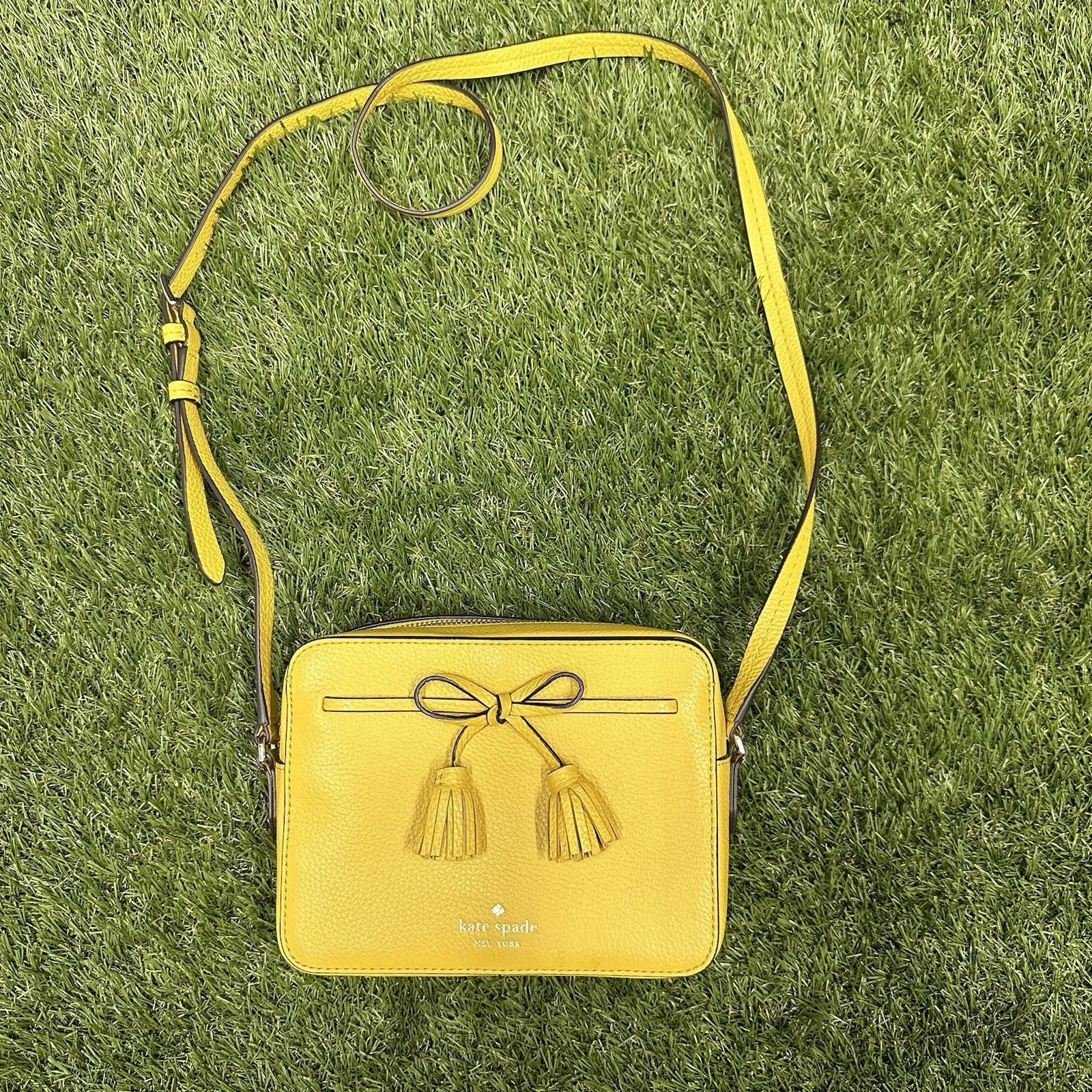 Kate Spade Hayes Leather Camera Crossbody Bag‎ Bow Ribbon Sunflower Yellow - Image 12
