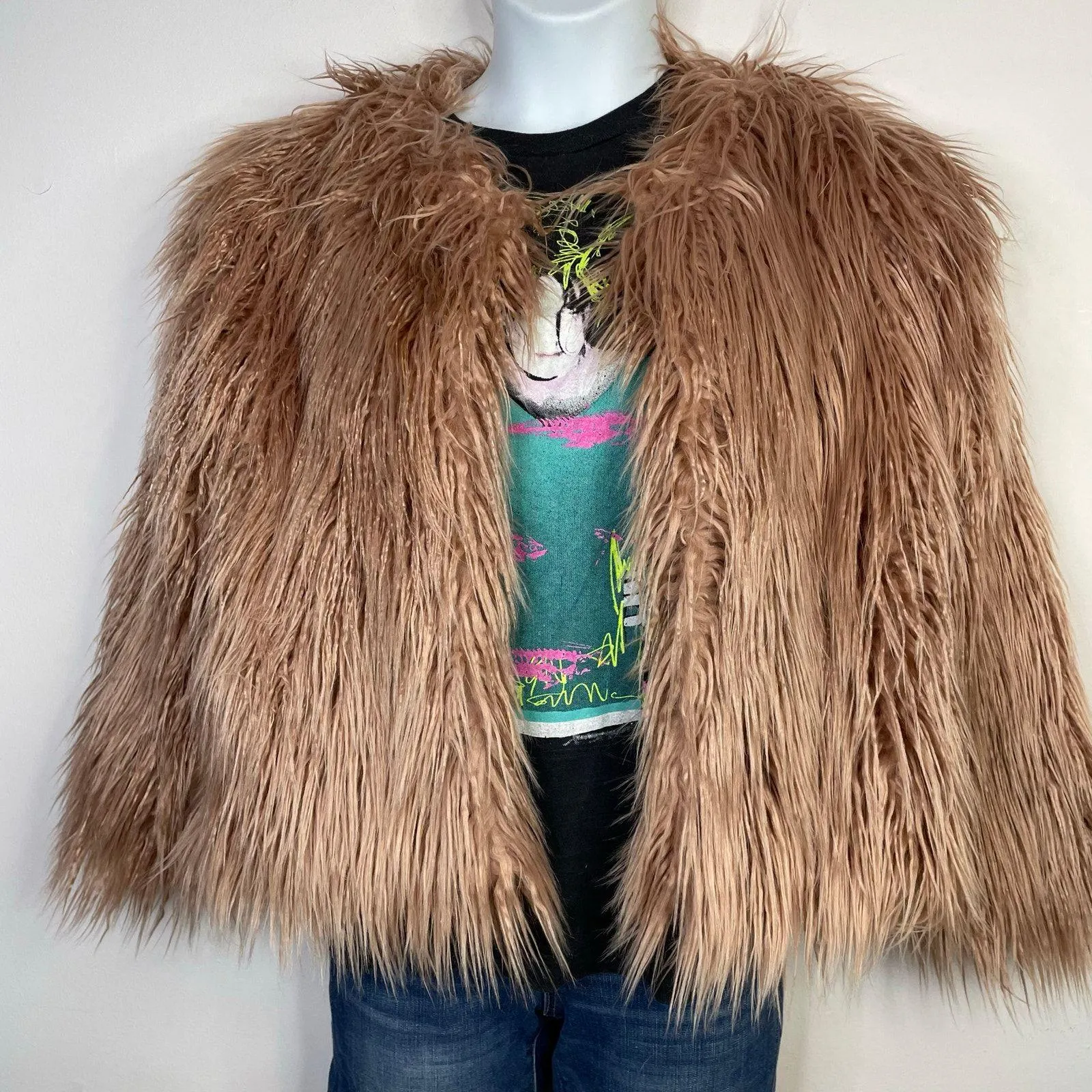 1.State 1State Faux Fur Shaggy Cropped Jacket Mauve Rose Pink Glam Fun womens L - Image 16