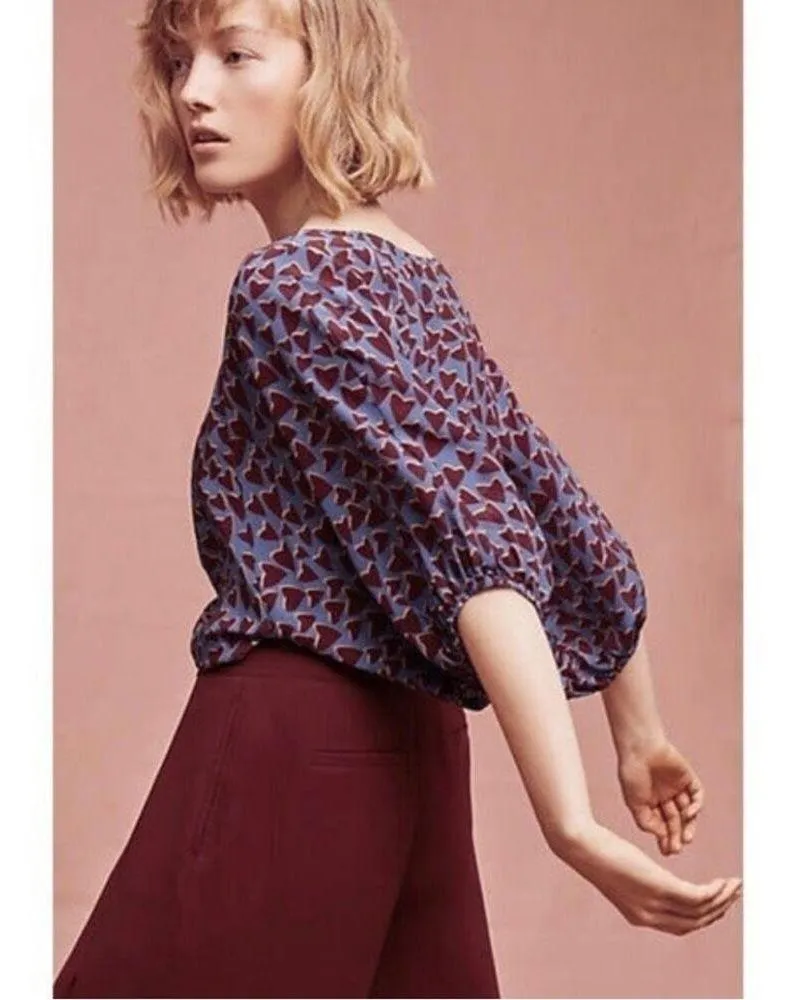 Anthropologie Maeve Silk Heart Blouse Small Dolman Sleeve Blue Red Lightweight - Image 11