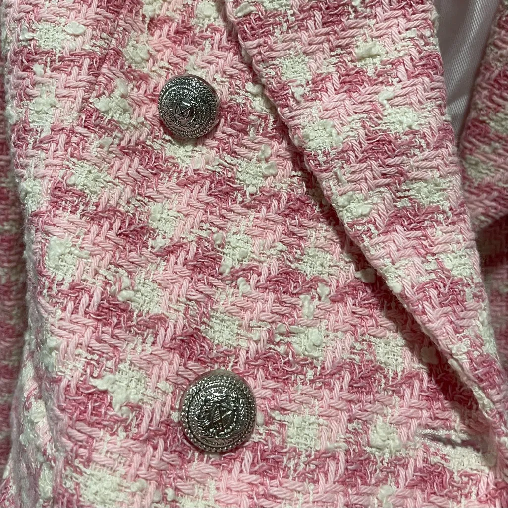Bloggers Fave Zara Textured Tweed Checkered Pink White Double Breasted Blazer - Image 6