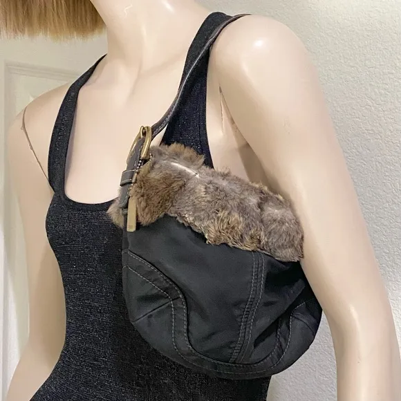 Vintage Y2K COACH 9489 Black Nylon Rabbit Fur Trimmed Small Hobo Shoulder Bag - Image 2