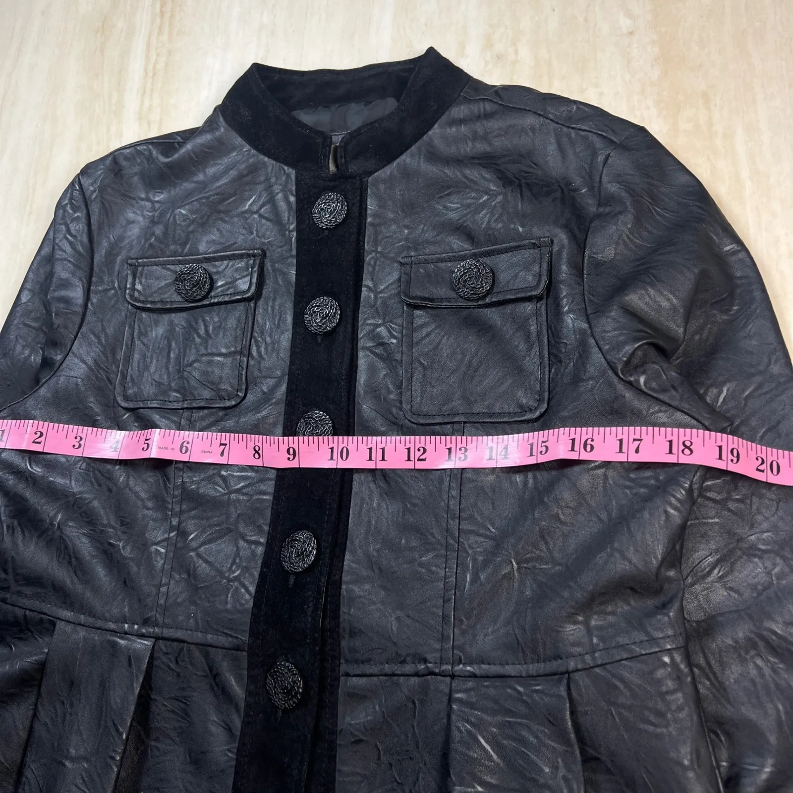 LAL Live A Little Black Faux Leather Peplum Jacket Mandarin Collar Button Up M Size M - Image 8