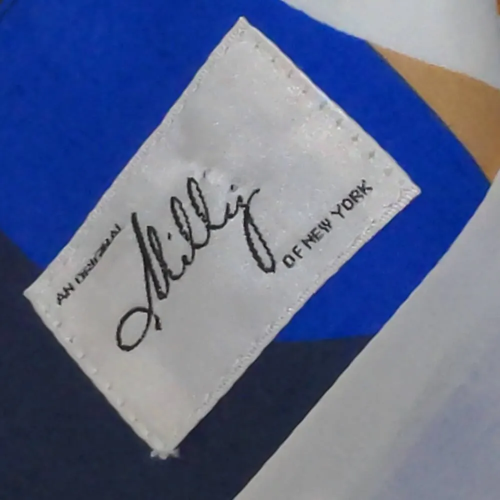 Milly Sheath Dress Blue White Geometric Belted Boat Neck Cap Sleeve Zip Sample 0 - Image 9