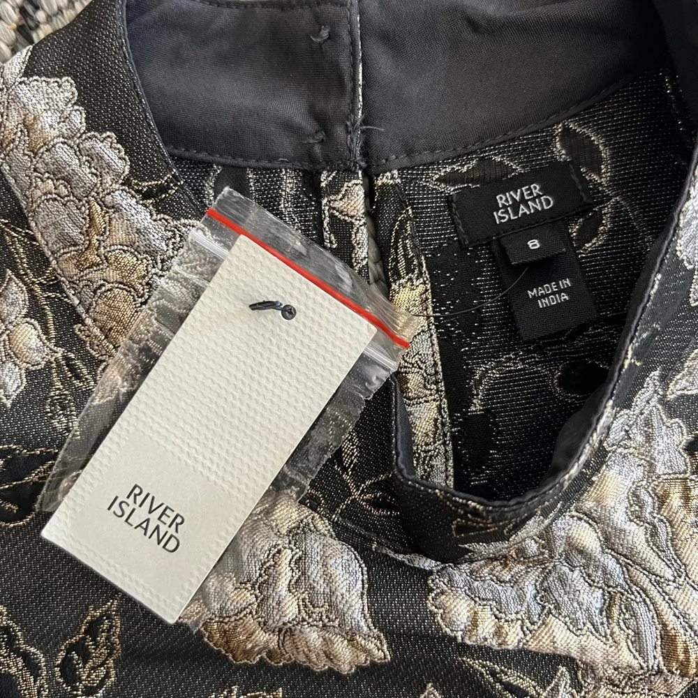 Size 4 US Black‎ & Ivory Puff Sleeve Drop Waist Jacquard Dress NWT - Image 8