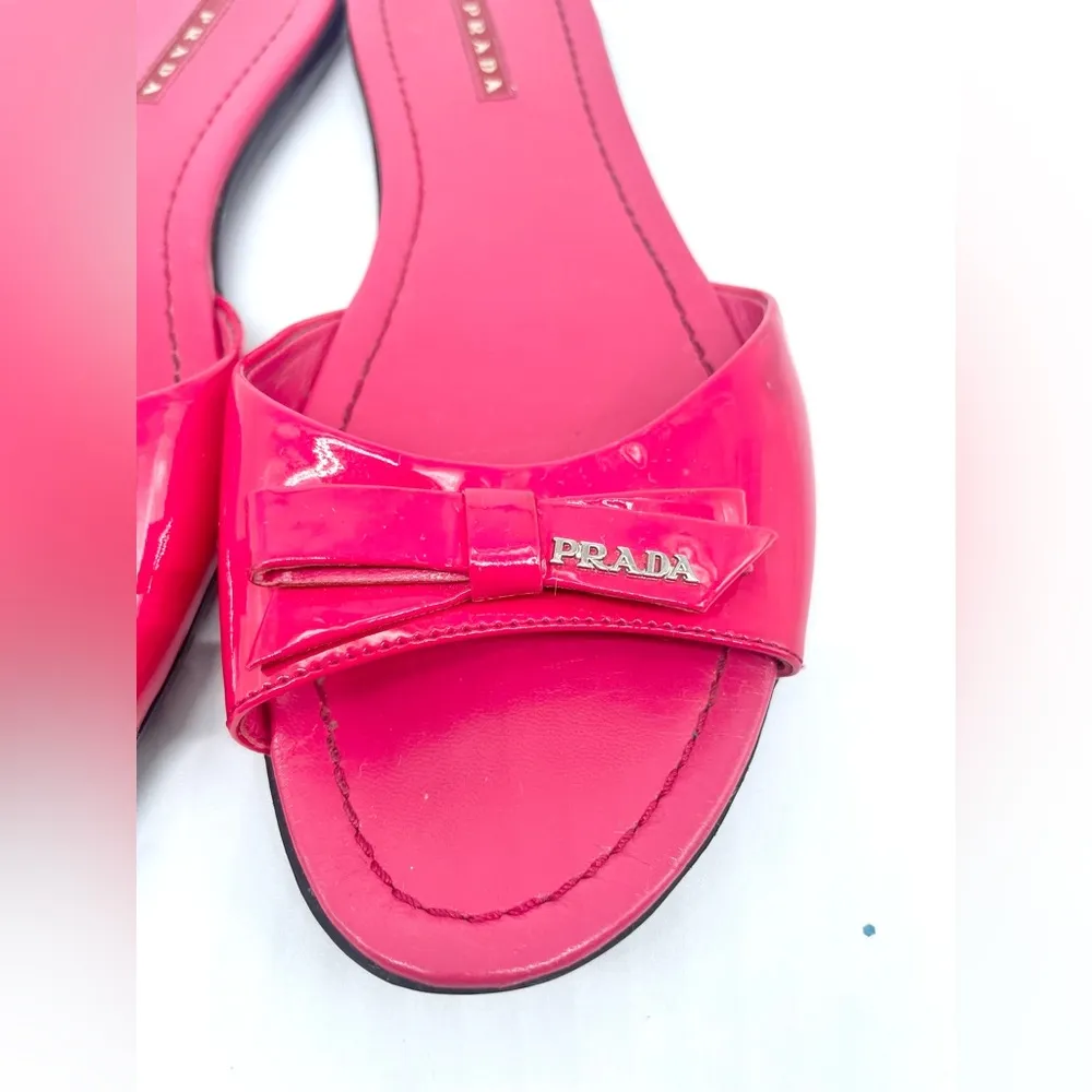 Prada Fuschia Pink  Patent Leather Logo Bow Slide Sandal flat EU 39 - Image 4