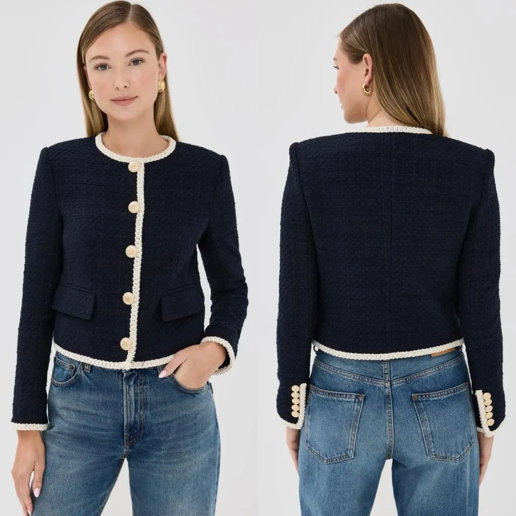 Veronica Beard Mabel Tweed Jacket Blazer Navy Ivory Trim Size 12 - Image 13