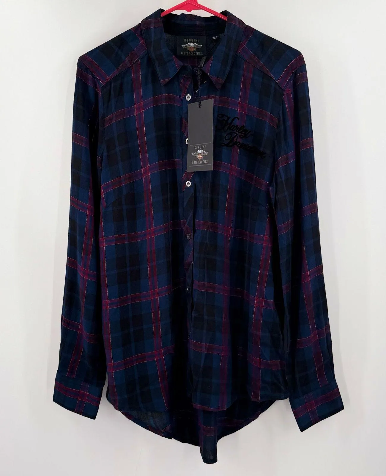 HARLEY DAVIDSON Shirt Medium Womens Flocked Roses Plaid Motorcycle Button NWT Blue - Image 13