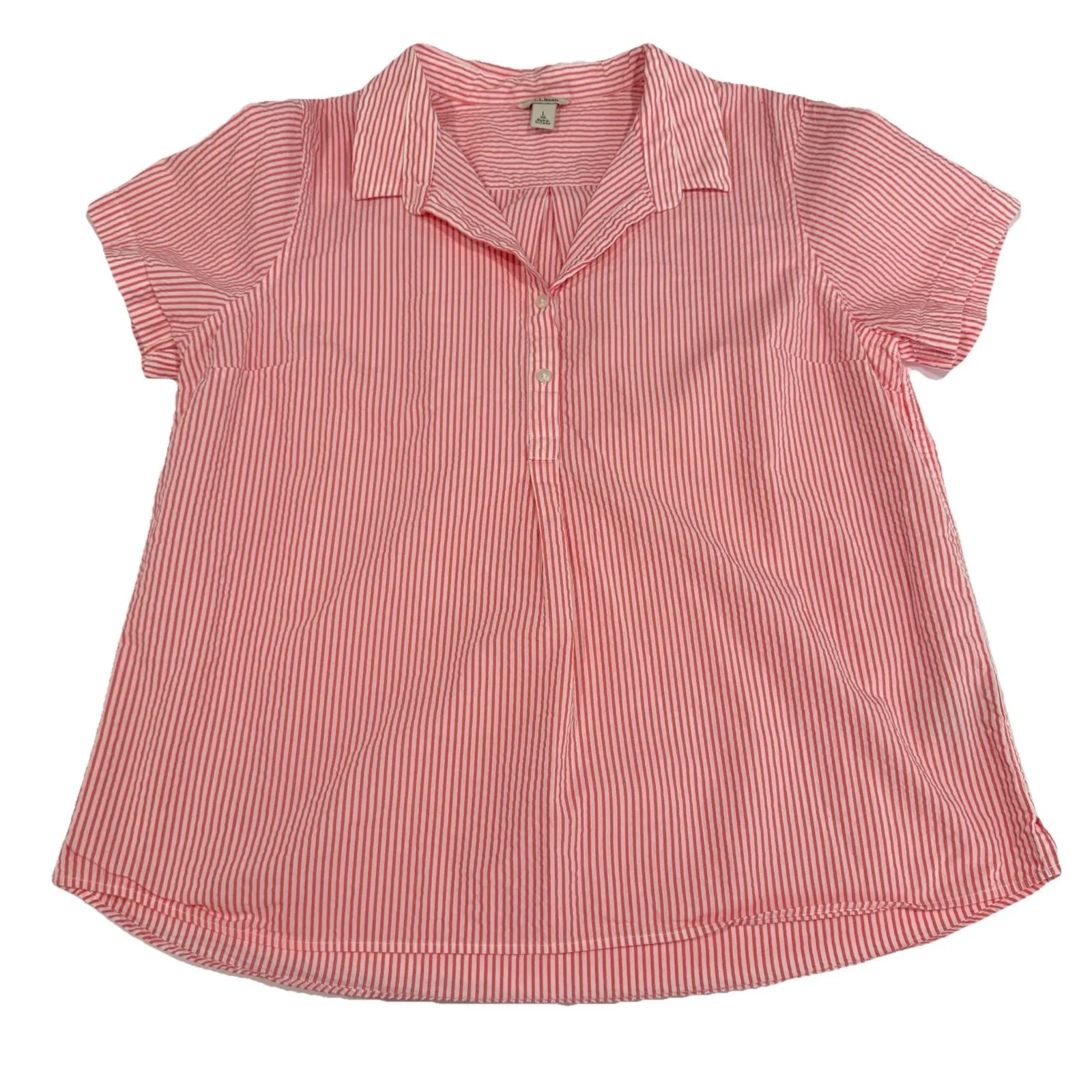 LL Bean Vacationland Seersucker Coral White Striped Popover Shirt Size LARGE - Image 3