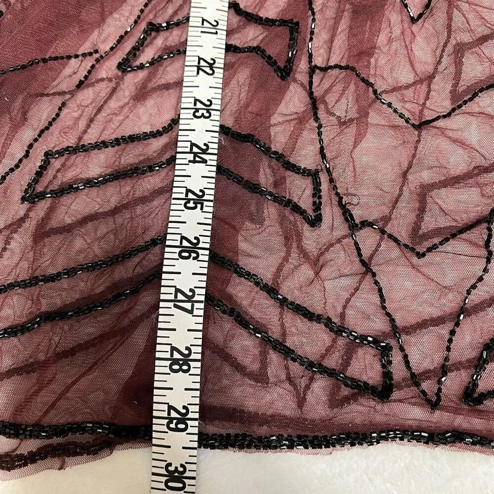 Free People Burgundy Overlap Sheer Beaded Dress Tunic Slip Dress Small Women - Image 9