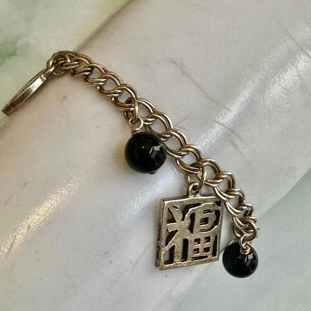 Vintage Italian Sterling Silver 925 Charm Bracelet – Chinese Symbols & Black Bea - Image 2