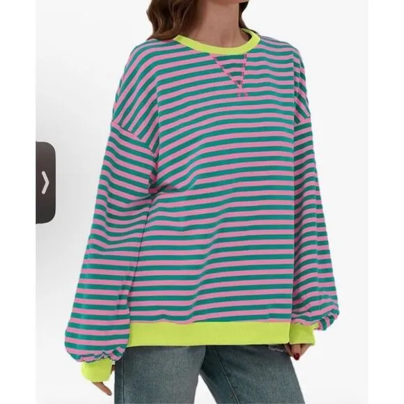 NEW Striped Oversized Sweatshirt Color Block Long Sleeve Pullover 80’s Preppy L Pink Size L - Image 2