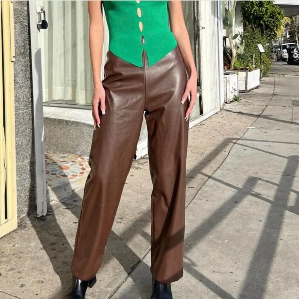 Lisa Says Gah Luisa Brown Faux Leather Straight Leg Pants, medium / large, EUC - Image 2