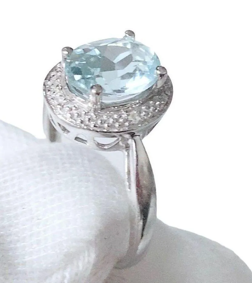 Natural Blue Aquamarine Solid 10K White Gold Diamond Engagement Halo Rin… - Image 7