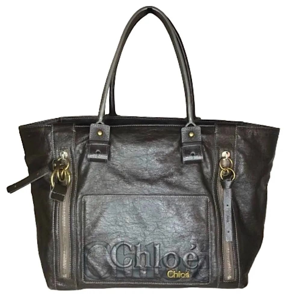 CHLOE Eclipse Oversized Metallic Grey Tote Shoulder Bag Top Closure Ext Pockets - Image 1