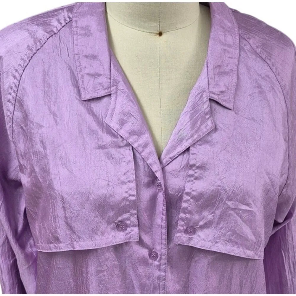 Vtg 80s 90s Diane Von Furstenberg Lilac Purple Crinkle Tab SLeeve Shirt Blouse L - Image 2