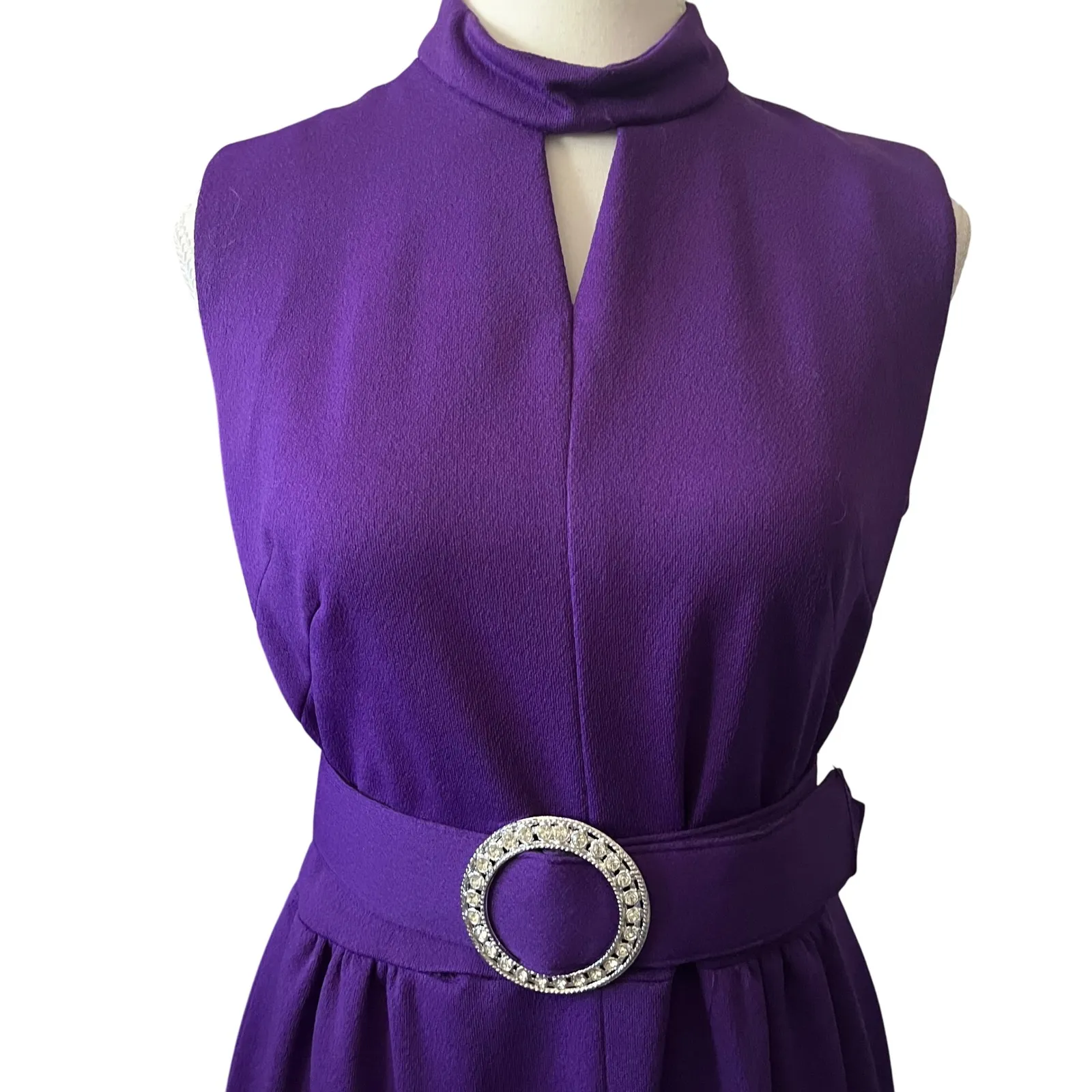 Vintage 70s Maxi Dress Purple Sleeveless Mock‎ Neck Hostess Dress Bejeweled Belt Size 12 - Image 2