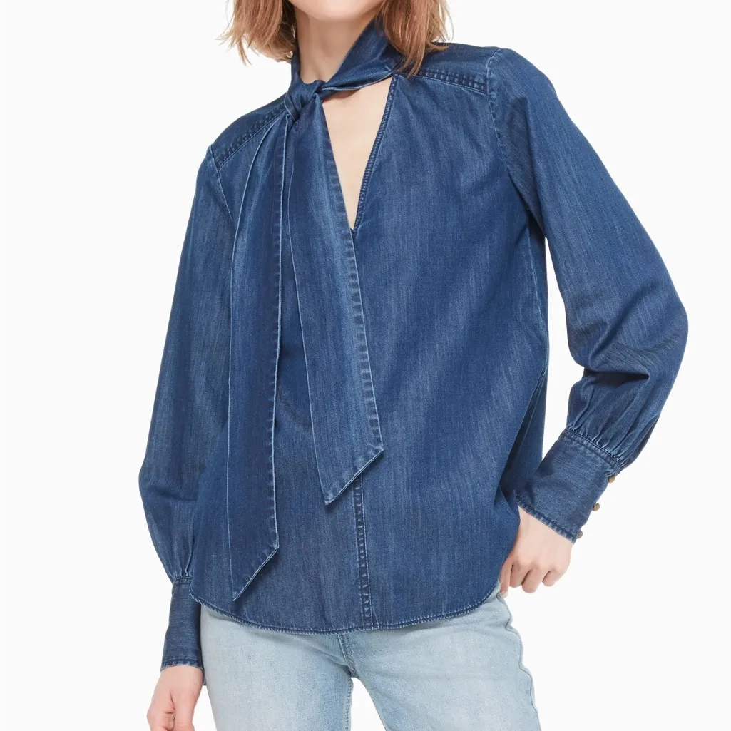 Kate Spade  Chambray Denim Tie Front V-Neck Pullover Top - Image 3