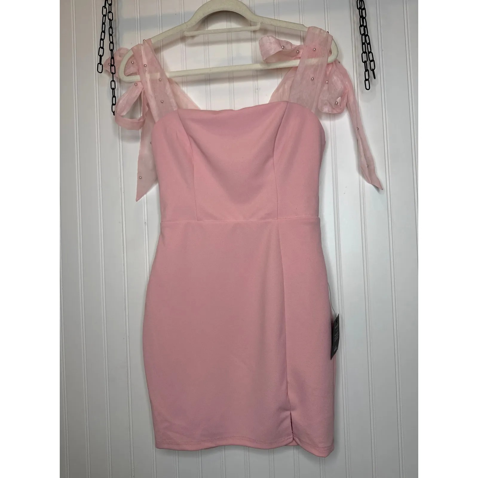NWT Lulus Beaming Perfection Pink Pearl Organza Tie-Strap Mini Dress Party Sz S - Image 2