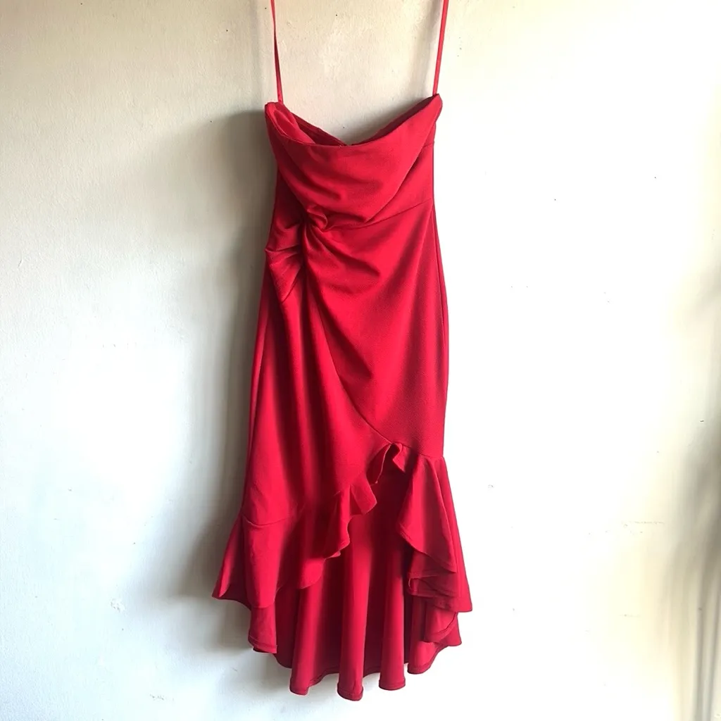 Hello Molly Night Shine Strapless Knotted High Low Ruffled Red Dress Size 4 NWT - Image 3
