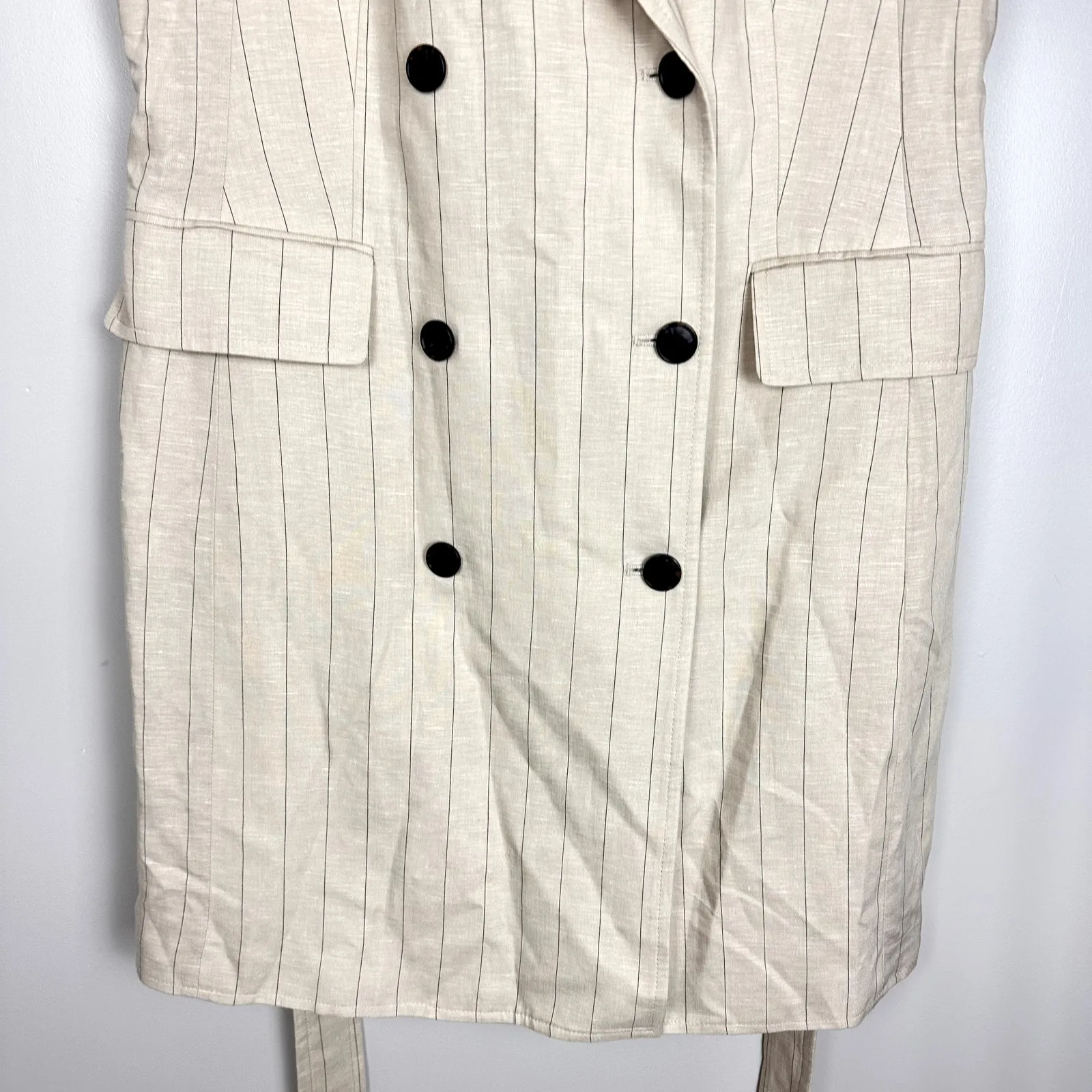 H&M Linen Blend Jacket Dress Belted Light Beige Pinstripe Size Large NWT - Image 11