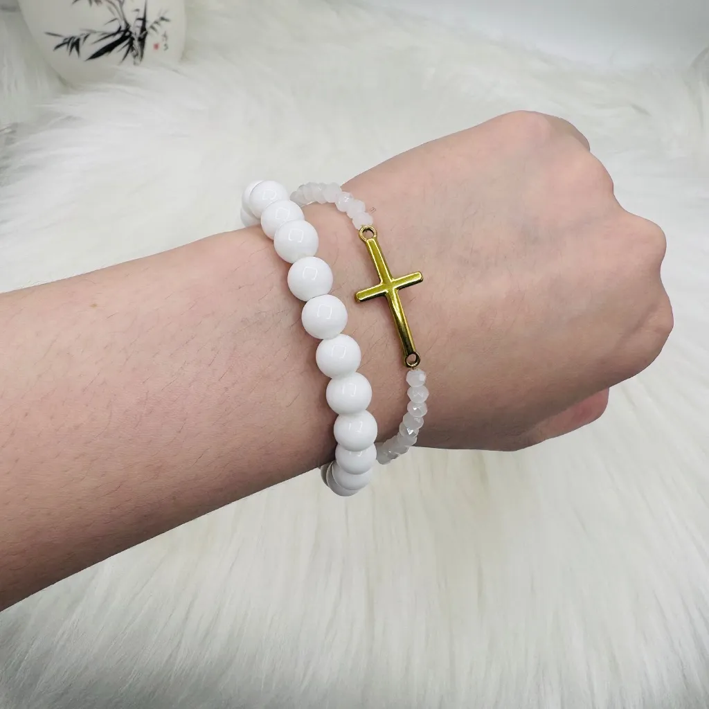 Stainless Steel Cross beaded White Theme Bracelets - Image 3