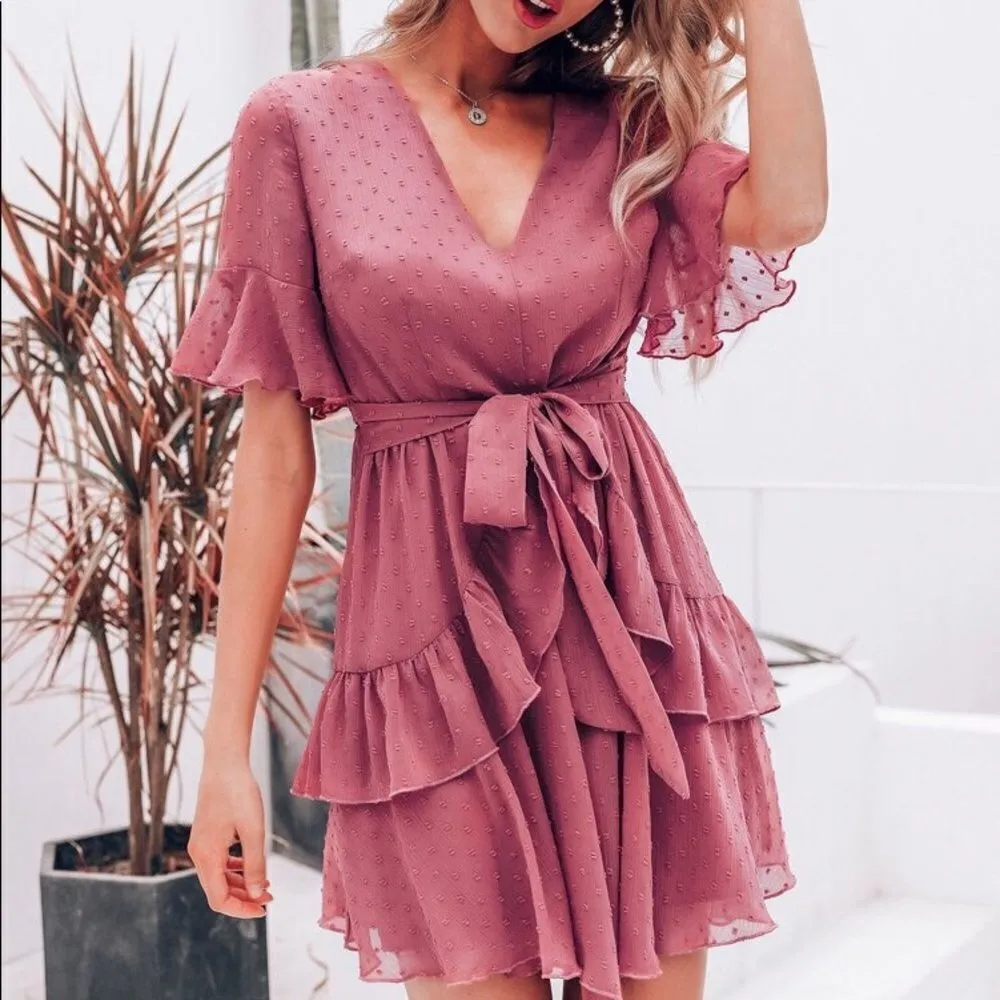 ✨3xHP✨Swiss Dot Ruffle Hem Flounce Sleeve Dress✨ Pink Size L - Image 3