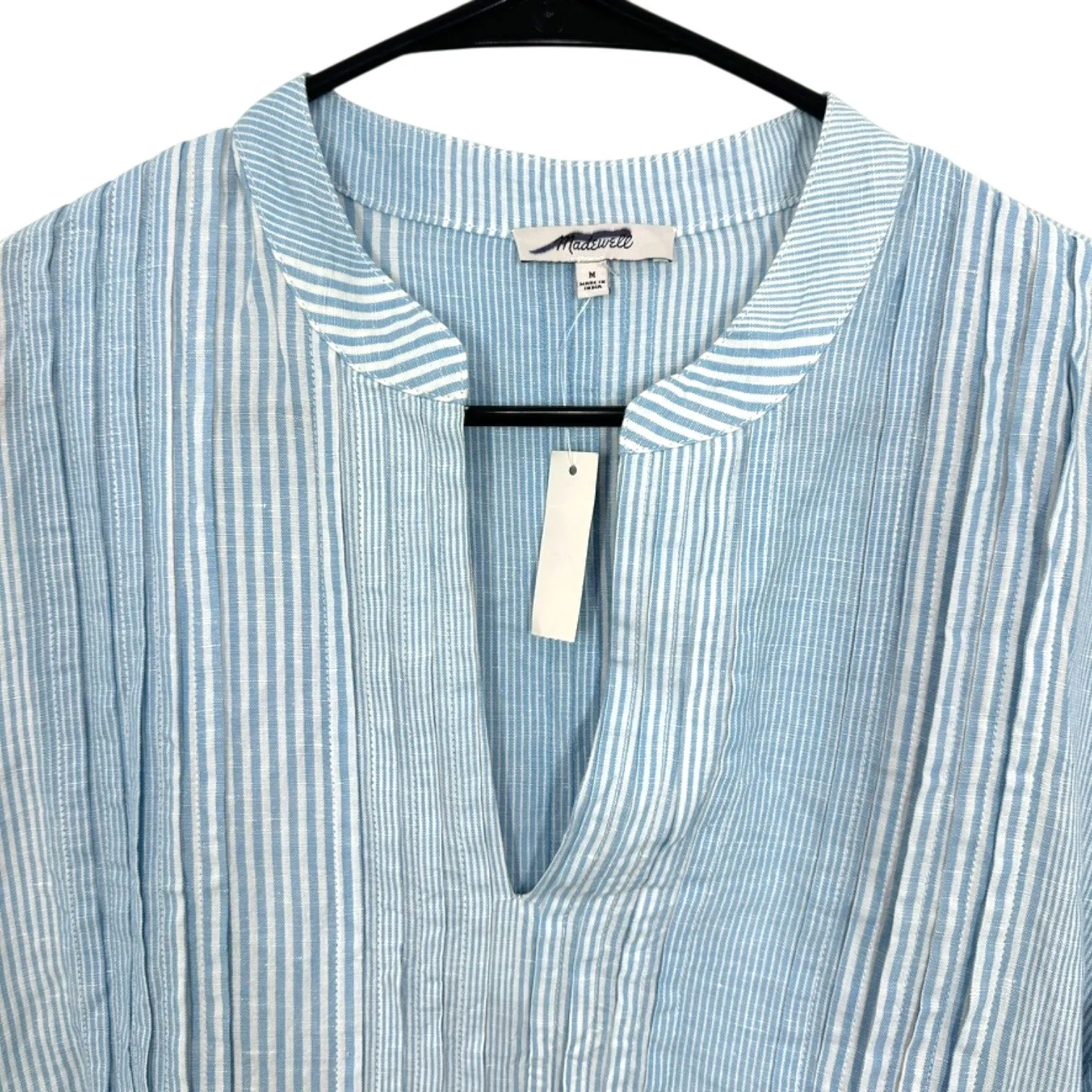 Madewell Striped V Neck Pleated Tunic Shirt Dress Linen Cotton Blend Size Medium - Image 4