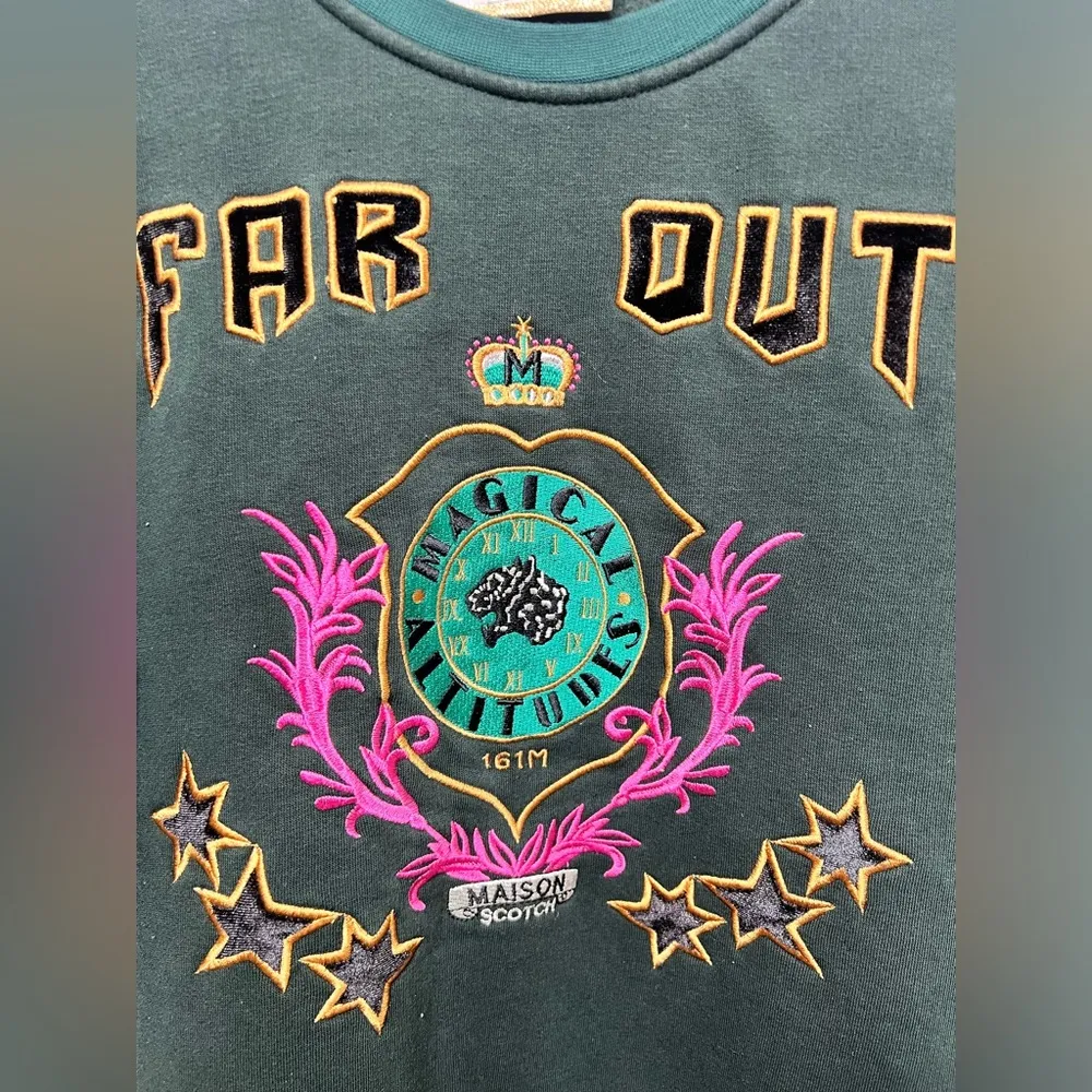 Scotch & Soda Far Out Green Crewneck Embroidered Sweater Sweatshirt Size XS Used - Image 2